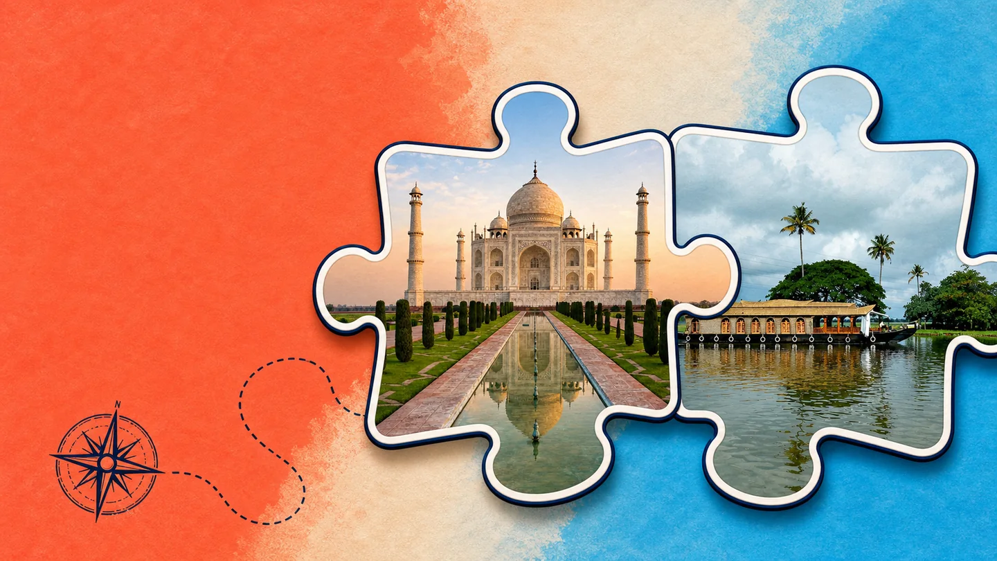The Taj Mahal and Kerala backwaters framed inside connected jigsaw pieces