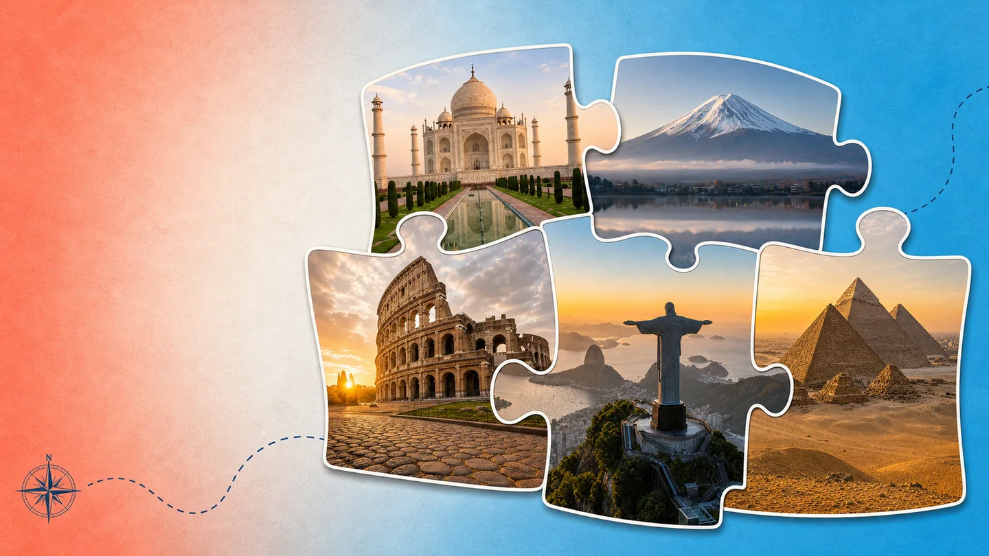 Five world landmarks arranged as connected jigsaw pieces on a travel map